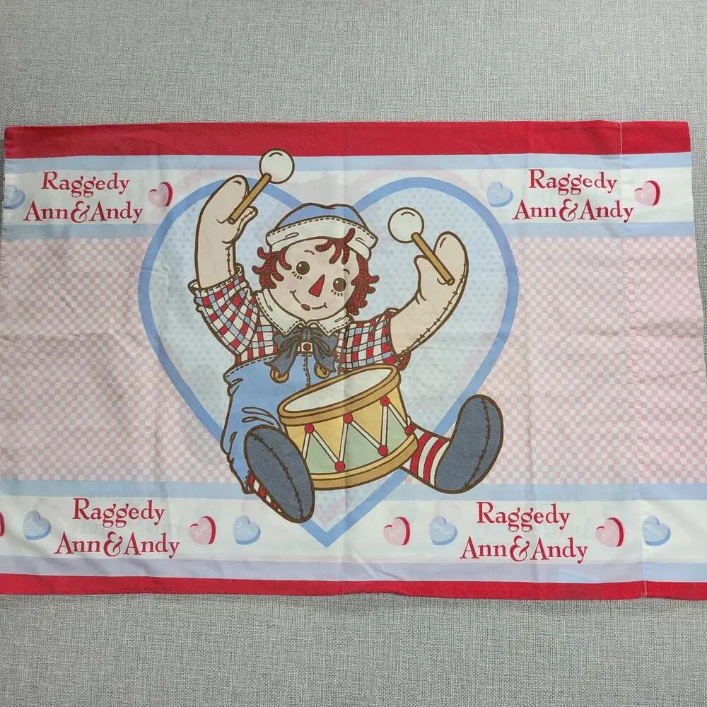 Vintage Raggedy Ann & Andy Pillowcase 29x20 Fabric Panel Red Hearts Gingham